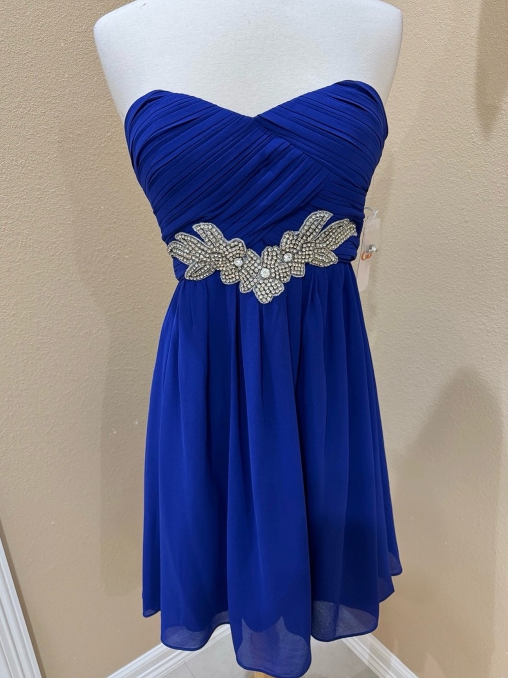 Gianni Bini Strapless Royal Blue A-Line Dress with Embellished Waist